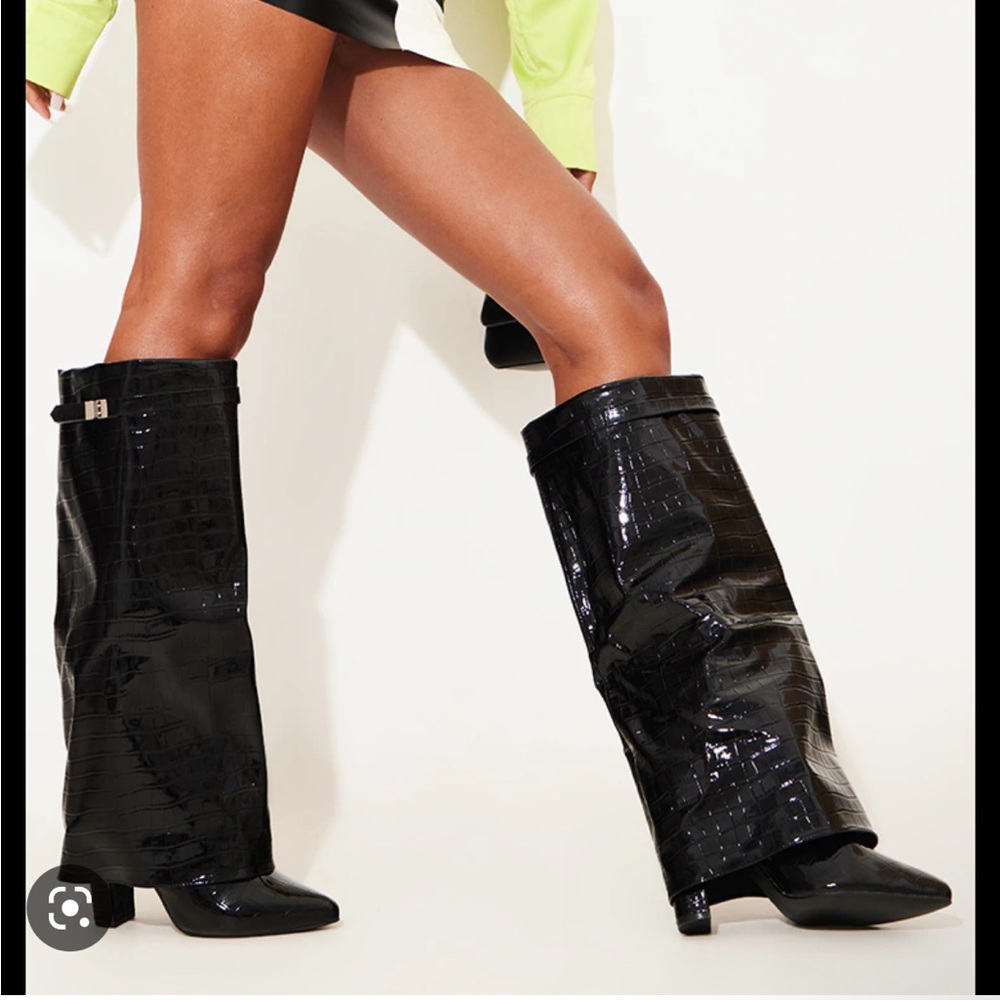Black Pu Patent Croc Fold Over Knee Block
Heeled Boots